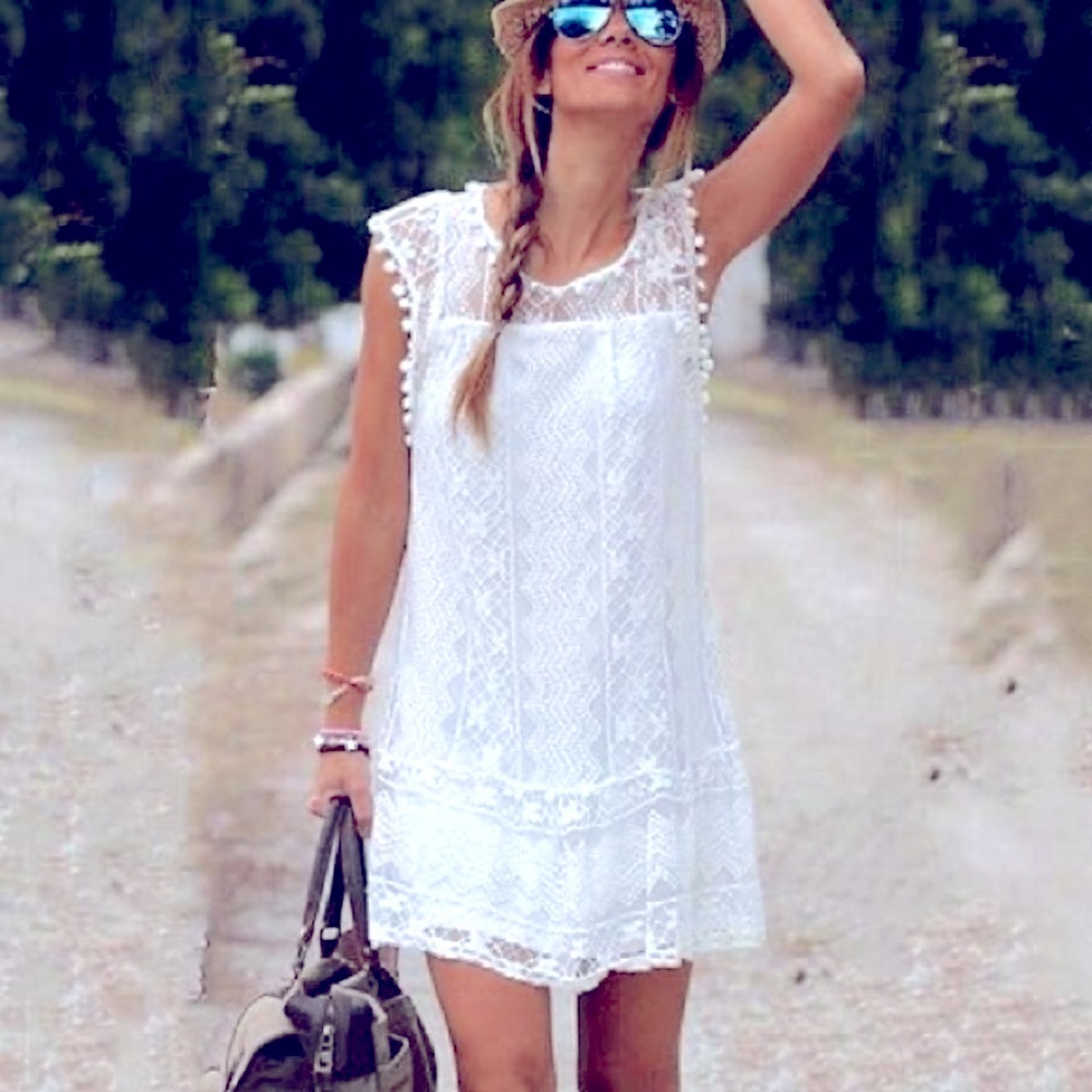 WHITE LACE DRESS SUMMER SLEEVELESS TUNIC TANK POMPOM TRIM ASIAN XL US SM-MD NWOT